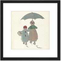 Artery8 Bergh Children Motif Design Umbrella Illustration 8X8 Inch Square Wooden Framed Wall Art Print Picture with Mount in Black