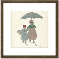 Artery8 Bergh Children Motif Design Umbrella Illustration 8X8 Inch Square Wooden Framed Wall Art Print Picture with Mount in Brown