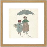 Artery8 Bergh Children Motif Design Umbrella Illustration 8X8 Inch Square Wooden Framed Wall Art Print Picture with Mount in Light Oak