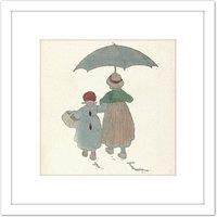 Artery8 Bergh Children Motif Design Umbrella Illustration 8X8 Inch Square Wooden Framed Wall Art Print Picture with Mount in White