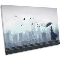 CanvasGeeks Fly Away Umbrella Birds City Canvas Wall Art Picture Print in Blue | Size: W30" x H20" x D20mm