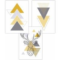 ARTZE Set of 3 Geometric Line Art Yellow Stag Head Triangles Art Posters | Size: W30 cm x H42 cm