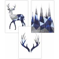 ARTZE Set of 3 Geometric Navy Blue Grey Stags Set Art Posters | Size: W30 cm x H42 cm