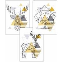 ARTZE Set of 3 Geometric Line Art Yellow Stags Tree Set Art Posters | Size: W30 cm x H42 cm