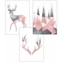 ARTZE Set of 3 Geometric Blush Pink Grey Stags Set Art Posters in Light Pink | Size: W42 cm x H59 cm