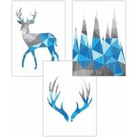 ARTZE Set of 3 Geometric Bright Blue Grey Stags Set Art Posters | Size: W30 cm x H42 cm