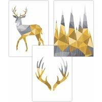 ARTZE Set of 3 Geometric Yellow Grey Stags Set Art Posters | Size: W30 cm x H42 cm