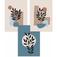 ARTZE Set of 3 Graphical Boho Floral Teal & Beige Botanical Art Posters | Size: W30 cm x H42 cm