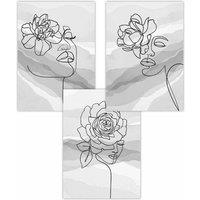 ARTZE Set of 3 Female Line Art Floral Faces on Grey Art Posters in Light Grey | Size: W30 cm x H42 cm