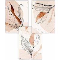 ARTZE Set of 3 Graphical Line Art Autumn Leaves Art Posters in Pale Orange | Size: W42 cm x H59 cm