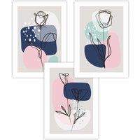 ARTZE Set of 3 Line Art Spring Flowers on Navy Pink Boho Shapes Art Posters | Size: W30 cm x H42 cm