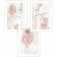 ARTZE Set of 3 Coral Pink Abstract Line Art Female Art Posters | Size: W42 cm x H59 cm