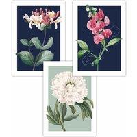 ARTZE Set of 3 Vintage Flowers Honeysuckle Blue & Green Art Posters in Navy | Size: W42 cm x H59 cm