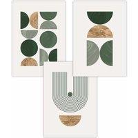 ARTZE Set of 3 Mid Century Geometric in Green & Gold Art Posters | Size: W30 cm x H42 cm
