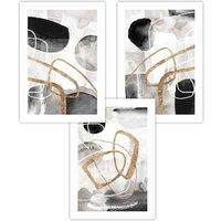 ARTZE Set of 3 Abstract Black Grey & Gold Watercolour Shapes Art Posters | Size: W42 cm x H59 cm