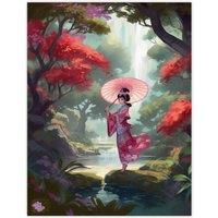 Artery8 Wall Art Print Geisha Dancing w/ Umbrella By Cherry Blossom Trees Painting Traditional Pink Floral Kimono Dance in Tranquil Japan Forest