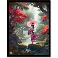 Artery8 Wall Art Print Geisha Dancing w/ Umbrella By Cherry Blossom Trees Painting Traditional Pink Floral Kimono Dance in Tranquil Japan Forest