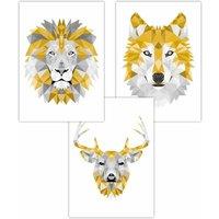 ARTZE Set of 3 Geometric Yellow Grey Animal Heads Art Posters | Size: W30 cm x H42 cm