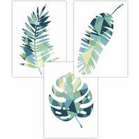 ARTZE Set of 3 Geometric Tropical Leaves In Teal Blue Green Art Posters | Size: W30 cm x H42 cm