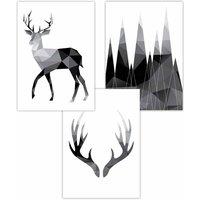 ARTZE Set of 3 Geometric Black Grey Stags Set Art Posters | Size: W59 cm x H84 cm