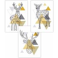 ARTZE Set of 3 Geometric Line Art Yellow Stags Set Art Posters | Size: W30 cm x H42 cm