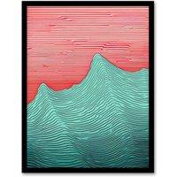 Wee Blue Coo Wall Art Print Linear Waves Abstract Line Drawing Sea Red & Turquoise Painting Art Framed | Size: W12 x H16