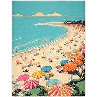 Wee Blue Coo Wall Art Print Sun Sand Sea Cove Busy Beach Coastal Landscape Aqua Orange Pink Bright Painting Poster in Blue | Size: W24 x H32