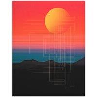 Wee Blue Coo Wall Art Print Sunset Modern Digital Abstract Mountain Landscape Colour Gradient Painting Poster in Red | Size: W24 x H32