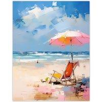 Artery8 Wall Art Print Beach Chair Under Pink Umbrella Painting Summer Coastal Poster in Blue | Size: W24" x H32"