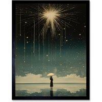 Artery8 Wall Art Print Falling Star Rain Dreamy Artwork Bright Star Wish Woman with Umbrella Fairytale Dreamscape Art Framed | Size: W12" x H16"