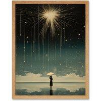 Artery8 Wall Art Print Falling Star Rain Dreamy Artwork Bright Star Wish Woman with Umbrella Fairytale Dreamscape Art Framed | Size: W12" x H16"