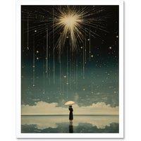 Artery8 Wall Art Print Falling Star Rain Dreamy Artwork Bright Star Wish Woman with Umbrella Fairytale Dreamscape Art Framed | Size: W12" x H16"