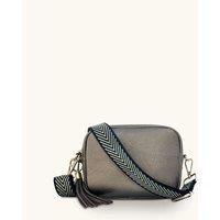 Bronze Leather Crossbody Bag With Black & Gold Chevron Strap