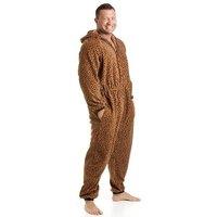 Camille Men's Luxury Supersoft Leopard Print Hooded Onesie in Camel | Size: Large