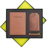 PRIMEHIDE Men's 'Gift' Luxury Travel Gift Set Passport, Keyring & Luggage Tag in Brown
