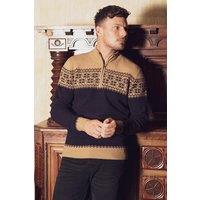 Kensington Eastside Men's 1/4 Zip Colourblock & Jacquard Funnel Neck Jumper in Camel | Size: XL