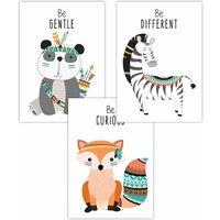 ARTZE Men's Set of 3 Nursery Tribal Panda, Fox, Zebra Quote Art Posters in Orange | Size: W30 cm x H42 cm