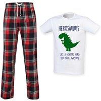 60 SECOND MAKEOVER Men's Hero Dinosaur Tartan Pyjama Set in Red | Size: 2XL