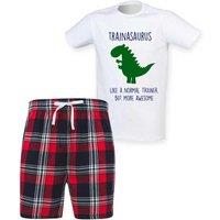 60 SECOND MAKEOVER Men's Trainersaurus Trainer Dinosaur Tartan Pyjama Set in Red | Size: Large