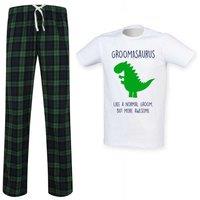 60 SECOND MAKEOVER Men's Groomasaurus Groom Dinosaur Tartan Pyjama Set in Green | Size: 2XL