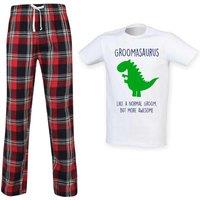 60 SECOND MAKEOVER Men's Groomasaurus Groom Dinosaur Tartan Pyjama Set in Red | Size: Small