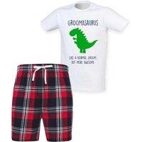 60 SECOND MAKEOVER Men's Groomasaurus Groom Dinosaur Tartan Pyjama Set in Red | Size: Large