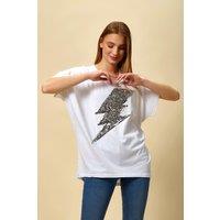 HOXTON GAL Women's Sequin Flash Top Relaxed Fit in White