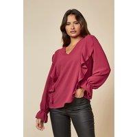 HOXTON GAL Women's Oversized V Neck Frilled Front Blouse in Red | Size: 8-10