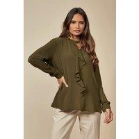 HOXTON GAL Women's Oversized Long Sleeves Blouse with Frilled Front in Khaki | Size: 12-14