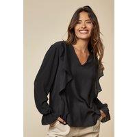 HOXTON GAL Women's Oversized V Neck Cuff Detailed Blouse with Long Sleeves in Black | Size: 8-10