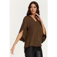 HOXTON GAL Women's Oversized V Neck Top with Split Sleeves in Khaki | Size: 8-10
