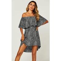 FS Collection Women's Leopard Print Bardot Frill Off-Shoulder Mini Dress In Black | Size: XS