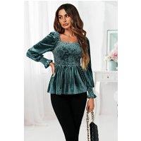 FS Collection Women's Square Neckline Long Sleeves Velvet Blouse Top In Grey Green | Size: XS