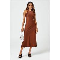 FS Collection Women's Slim-Fit Satin Midi Dress In Brown | Size: XL